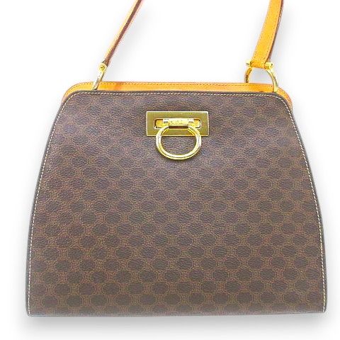 Celine Handbag Macadam Pattern One Handle Gold Hardware Brown Leather Made In