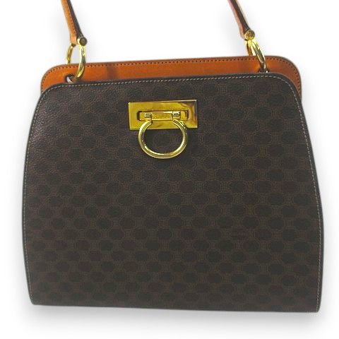 Celine Handbag Macadam Pattern One Handle Gold Hardware Brown Leather Made In