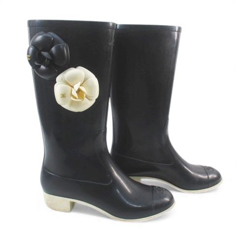 Chanel Camellia Corsage Coco Mark Rain Boots Heel Rubber Black Size 37