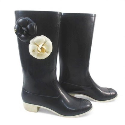 Chanel Camellia Corsage Coco Mark Rain Boots Heel Rubber Black Size 37