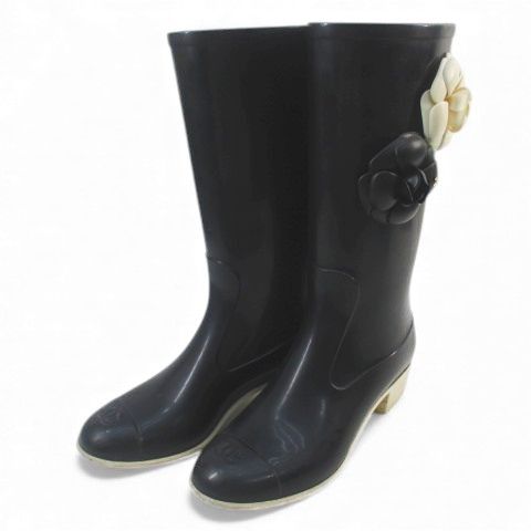 Chanel Camellia Corsage Coco Mark Rain Boots Heel Rubber Black Size 37