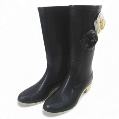 Chanel Camellia Corsage Coco Mark Rain Boots Heel Rubber Black Size 37