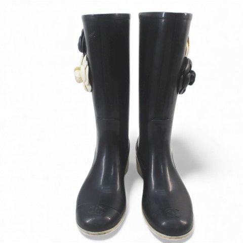 Chanel Camellia Corsage Coco Mark Rain Boots Heel Rubber Black Size 37