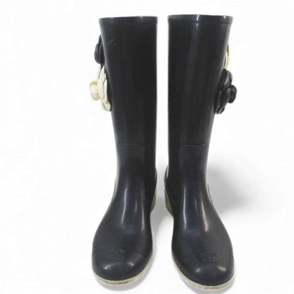 Chanel Camellia Corsage Coco Mark Rain Boots Heel Rubber Black Size 37