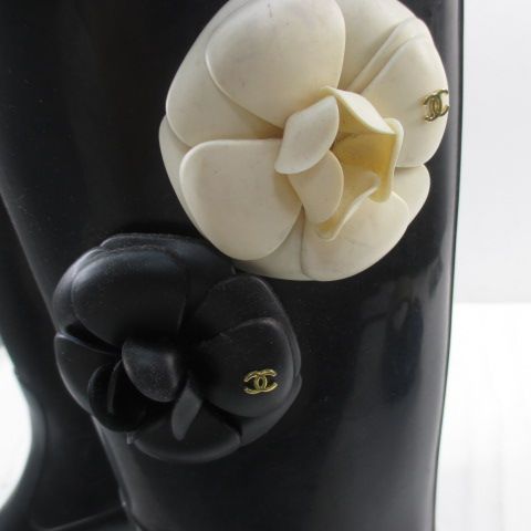 Chanel Camellia Corsage Coco Mark Rain Boots Heel Rubber Black Size 37