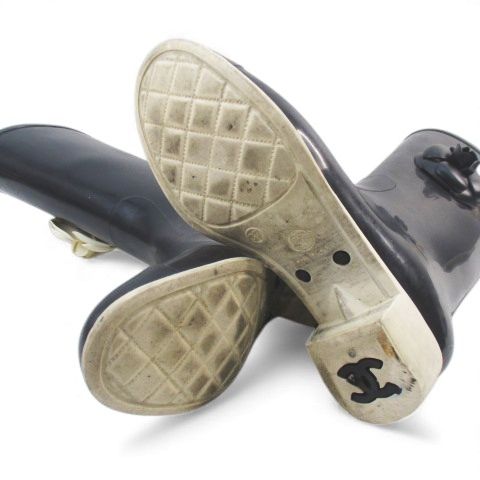 Chanel Camellia Corsage Coco Mark Rain Boots Heel Rubber Black Size 37