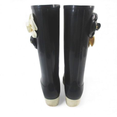 Chanel Camellia Corsage Coco Mark Rain Boots Heel Rubber Black Size 37