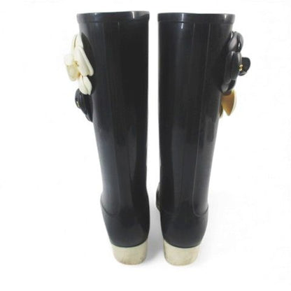 Chanel Camellia Corsage Coco Mark Rain Boots Heel Rubber Black Size 37