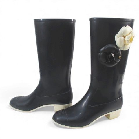 Chanel Camellia Corsage Coco Mark Rain Boots Heel Rubber Black Size 37