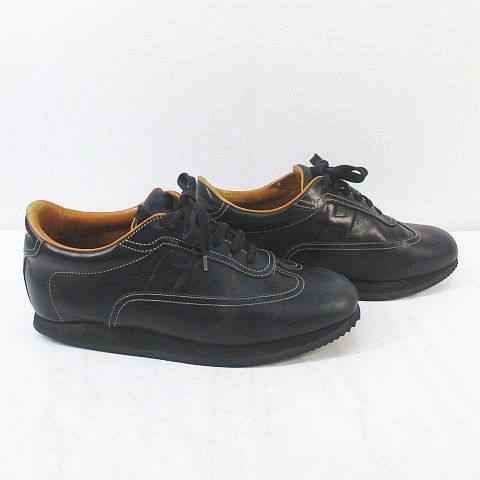 Hermes Low Cut Sneakers H Stitching 42.5 Black Leather Made In Italy Quick