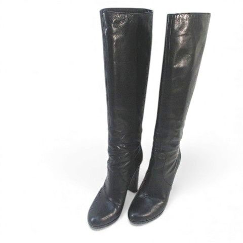 Gucci Long Boots High Heel Gold Hardware 38 Black Leather Made In Italy