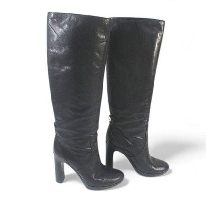 Gucci Long Boots High Heel Gold Hardware 38 Black Leather Made In Italy