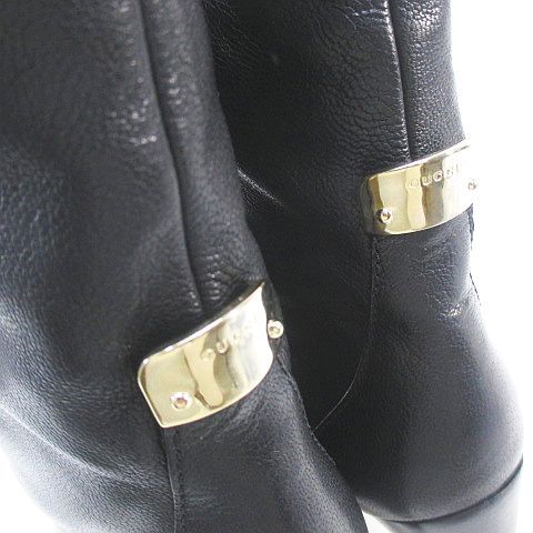 Gucci Long Boots High Heel Gold Hardware 38 Black Leather Made In Italy