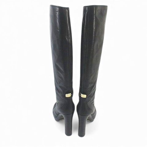 Gucci Long Boots High Heel Gold Hardware 38 Black Leather Made In Italy