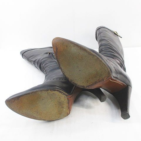 Louis Vuitton Long Boots Belt Design Gold Hardware Stitching 38.5 Black Leather