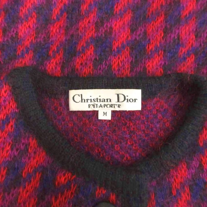 Christian DIOR Pret-a-porter Knit Cardigan Long Sleeves Check Wool Purple