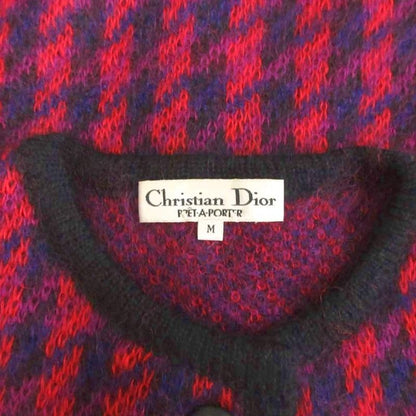 Christian DIOR Pret-a-porter Knit Cardigan Long Sleeves Check Wool Purple