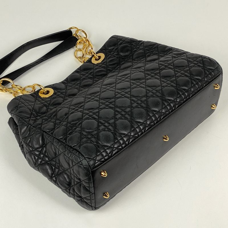 Christian DIOR Cannage Chain Tote Shoulder Bag Tote Leather Black Women