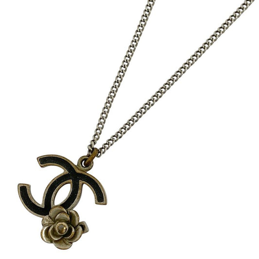 Chanel Coco Mark Necklace Camellia Necklace Silver Plated Silver Black Ladies
