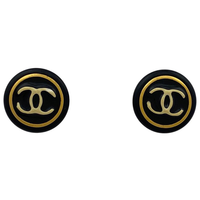 Chanel Coco Mark Round Earrings Round Shape Earrings GP Plastic Gold Black