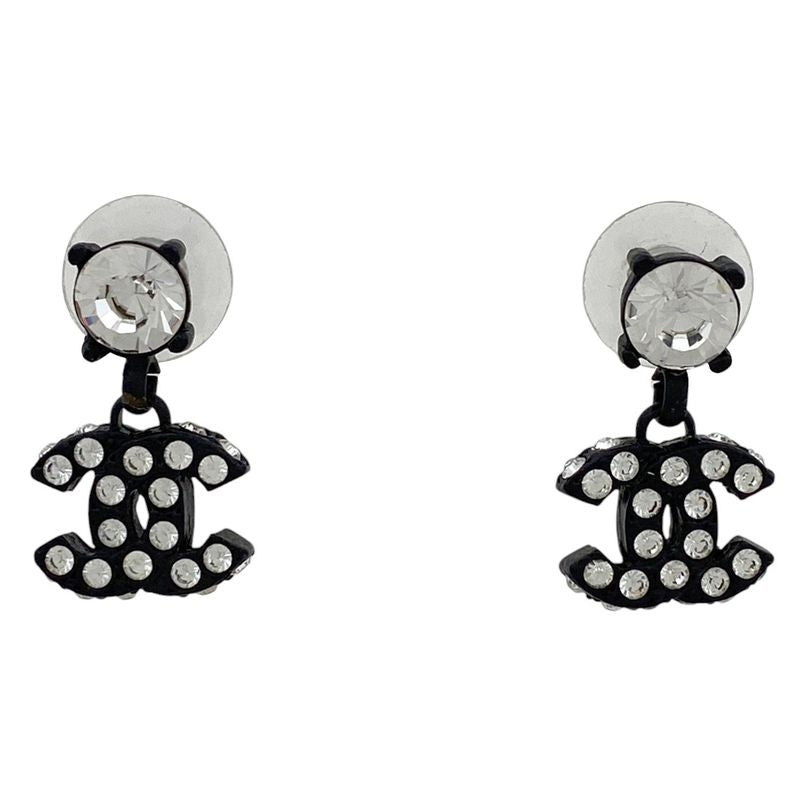 Chanel Coco Mark Rhinestone Earrings Swing Earrings Metal Black Women