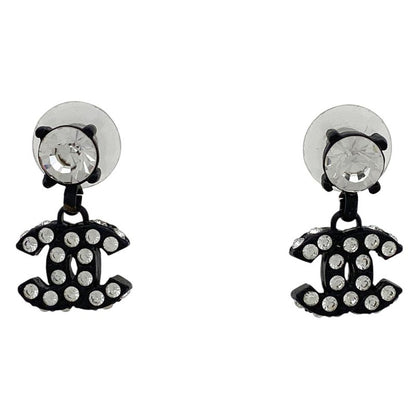 Chanel Coco Mark Rhinestone Earrings Swing Earrings Metal Black Women