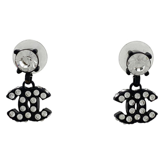 Chanel Coco Mark Rhinestone Earrings Swing Earrings Metal Black Women