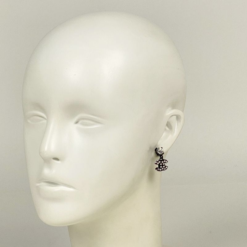 Chanel Coco Mark Rhinestone Earrings Swing Earrings Metal Black Women