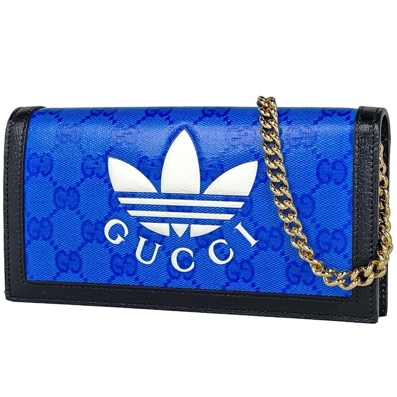 Gucci GG Crystal Chain Wallet Adidas Chain Wallet Leather Black Blue 621892
