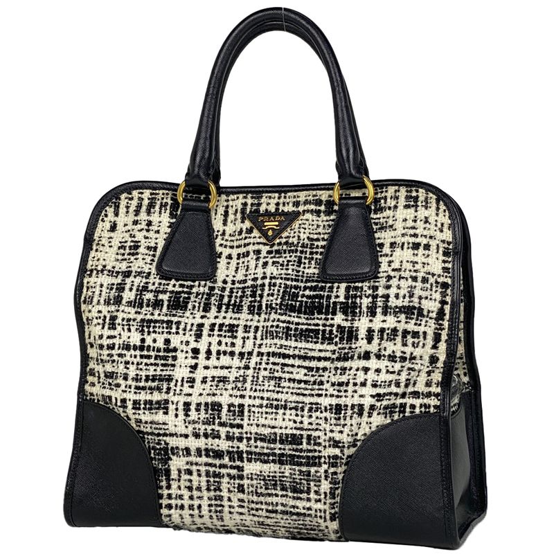 Prada Logo Handbag Tweed Tote Handbag Saffiano Leather Nero (black) White Women
