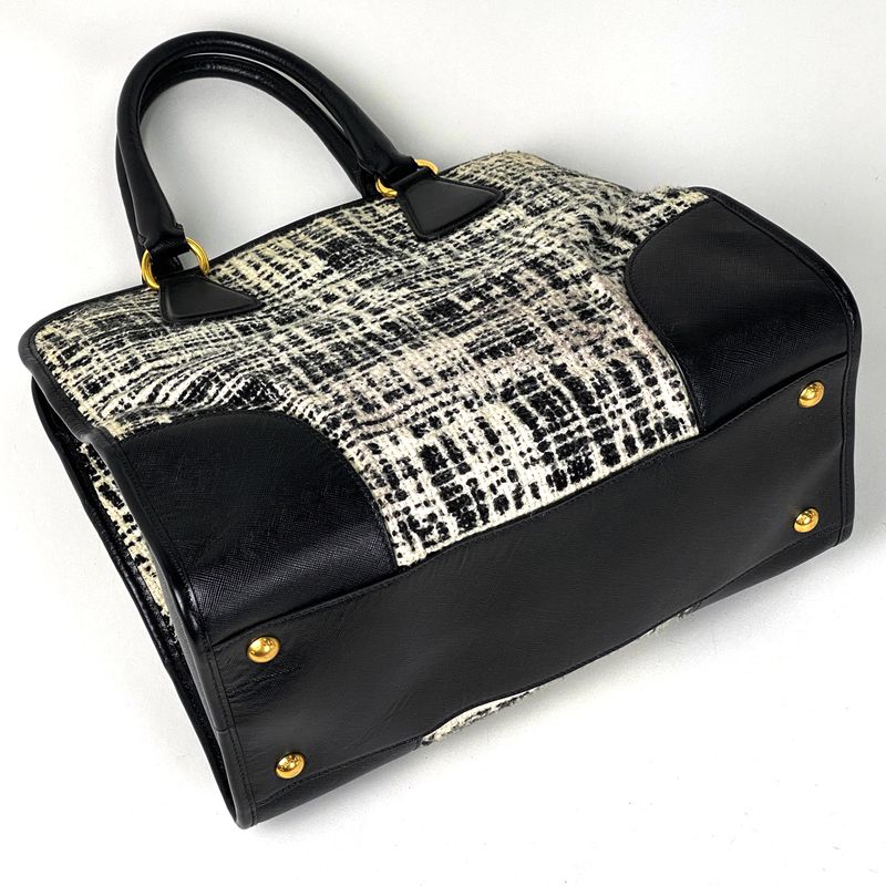 Prada Logo Handbag Tweed Tote Handbag Saffiano Leather Nero (black) White Women