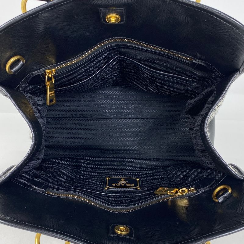 Prada Logo Handbag Tweed Tote Handbag Saffiano Leather Nero (black) White Women