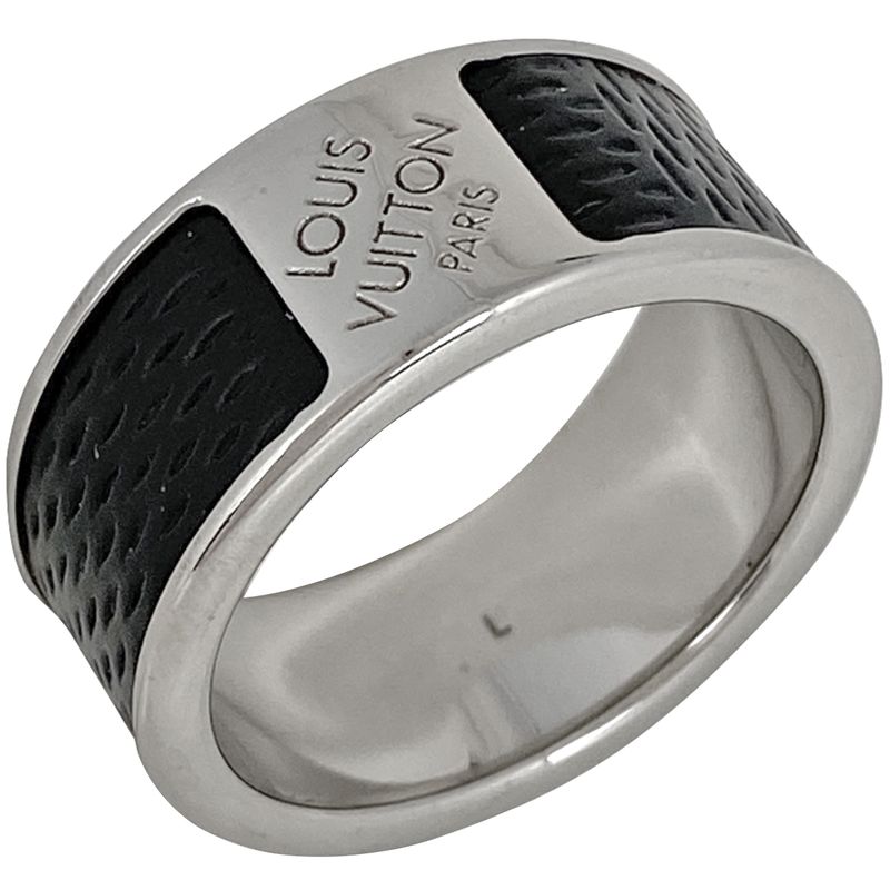 Louis Vuitton Burg Soho Ring Damier Ring Size 21.5 Metal Leather Silver Black