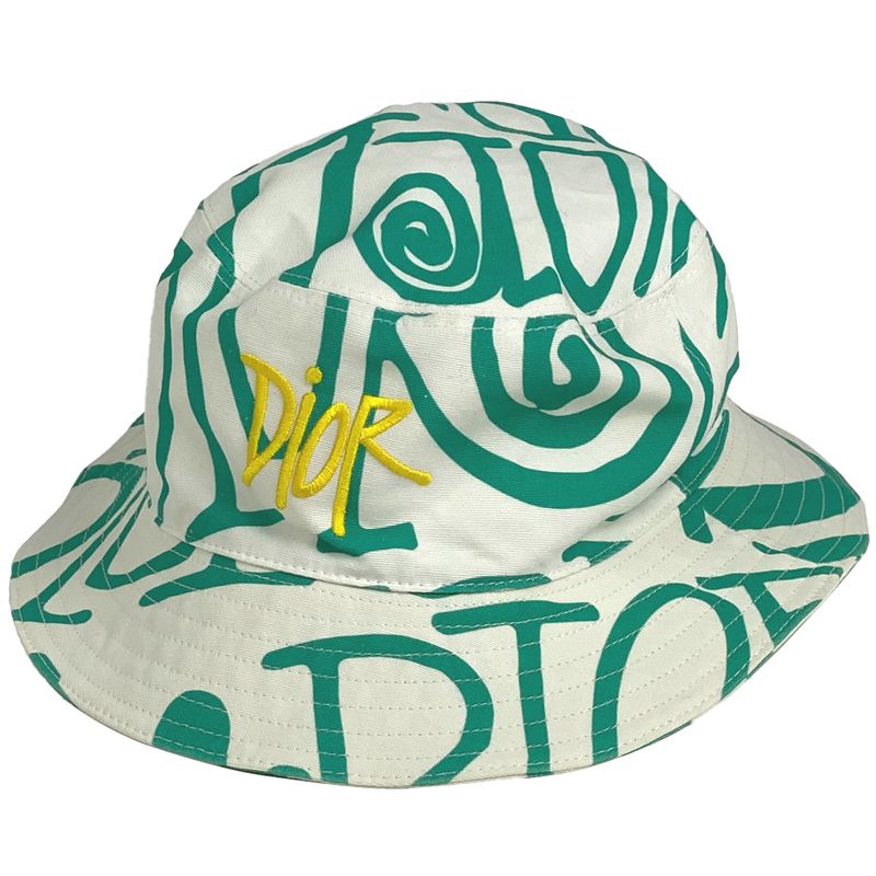 Christian DIOR Logo Bucket Hat Sean Stussy Hat Cotton Green White Women