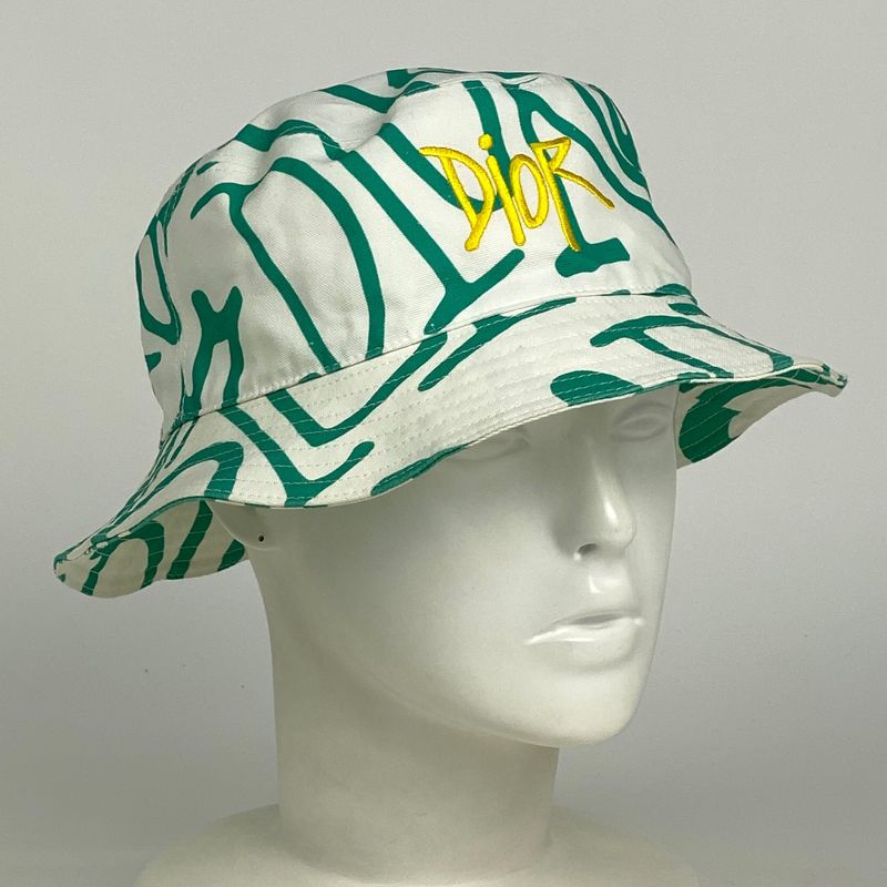 Christian DIOR Logo Bucket Hat Sean Stussy Hat Cotton Green White Women