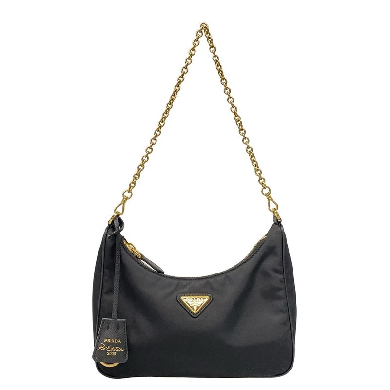 Prada Shoulder Bag Re-edition 2005 Re-nylon Bag 1bh204 Black And Gold Leather