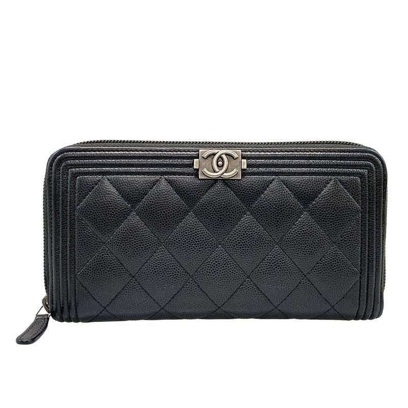 Chanel Long Wallet Boy Chanel A80288 Black Round Zipper / Vintage Silver