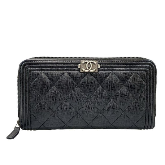 Chanel Long Wallet Boy Chanel A80288 Black Round Zipper / Vintage Silver