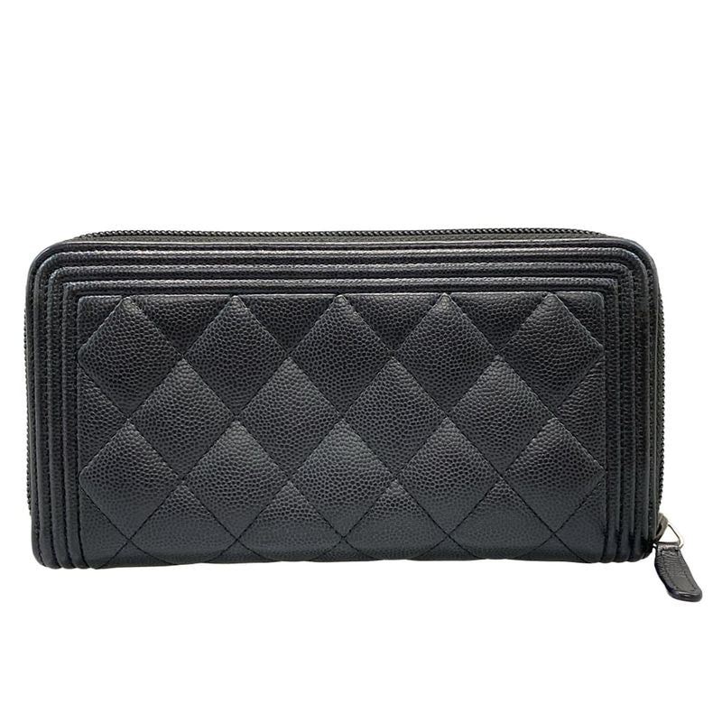Chanel Long Wallet Boy Chanel A80288 Black Round Zipper / Vintage Silver