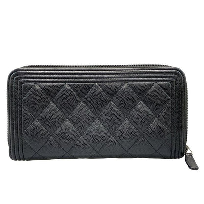 Chanel Long Wallet Boy Chanel A80288 Black Round Zipper / Vintage Silver
