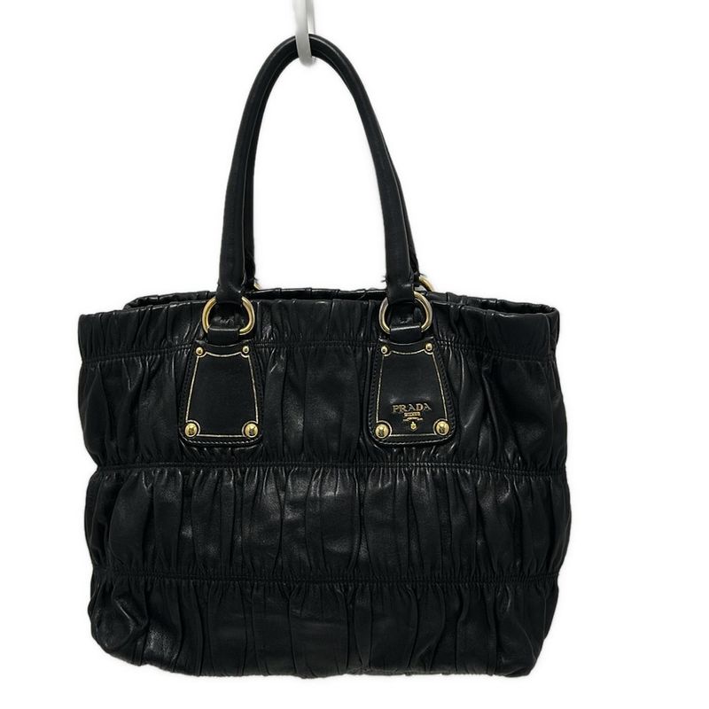 Prada Tote Gathering Bag Black Leather Tag Leather
