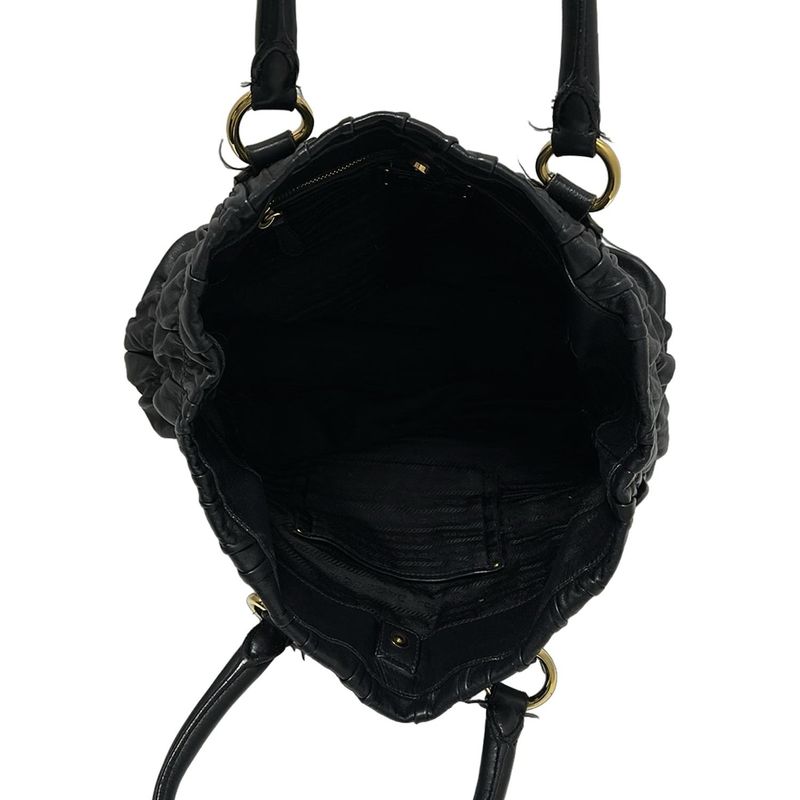 Prada Tote Gathering Bag Black Leather Tag Leather