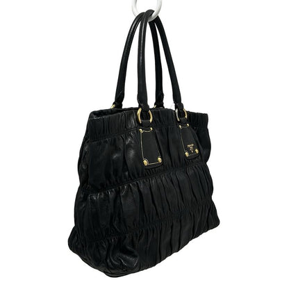 Prada Tote Gathering Bag Black Leather Tag Leather