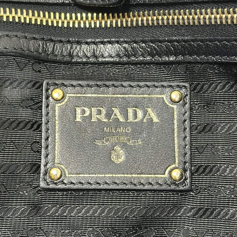 Prada Tote Gathering Bag Black Leather Tag Leather