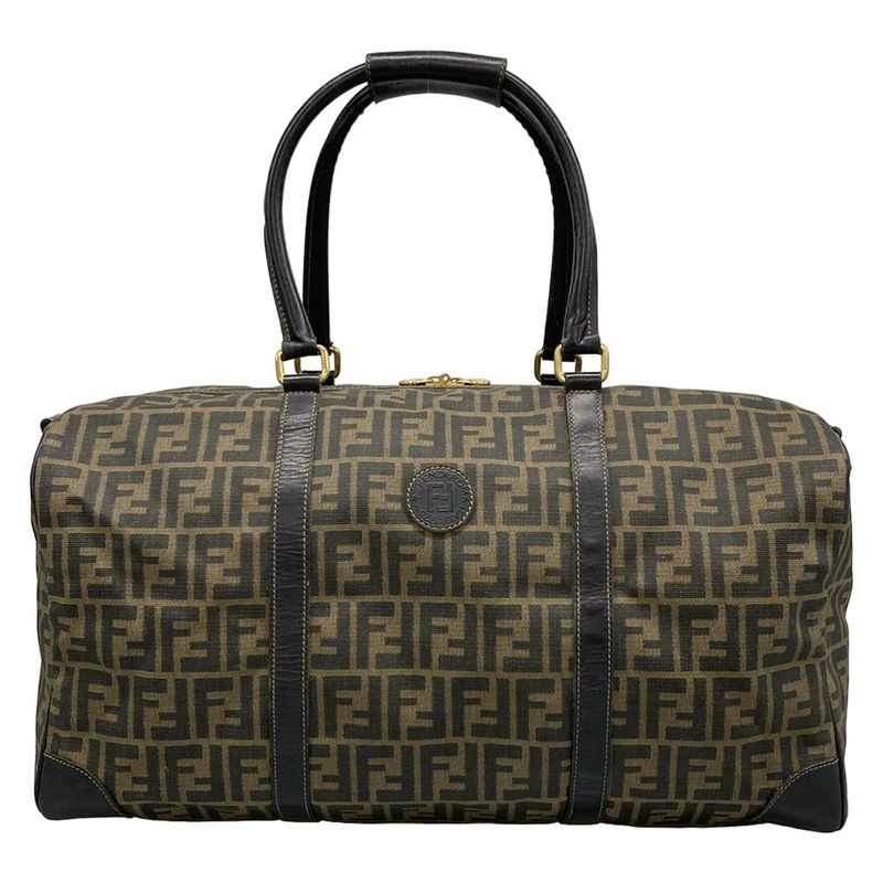 Fendi Boston Bag Zucca Pattern 00464 Black And Dark Brown Leather