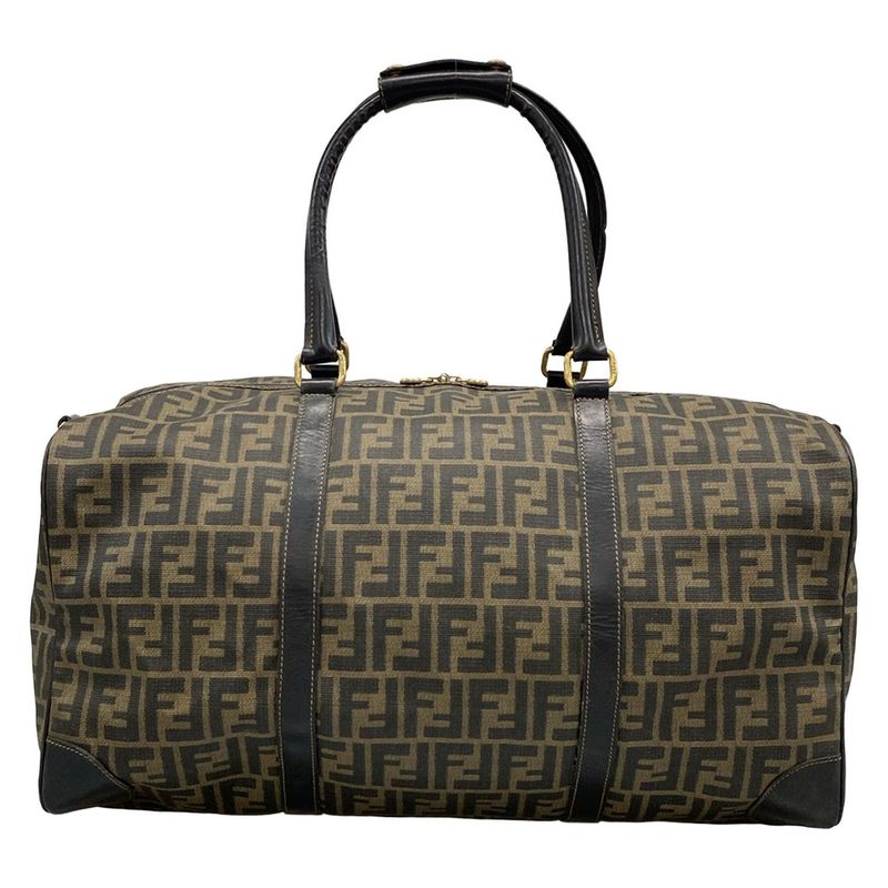 Fendi Boston Bag Zucca Pattern 00464 Black And Dark Brown Leather