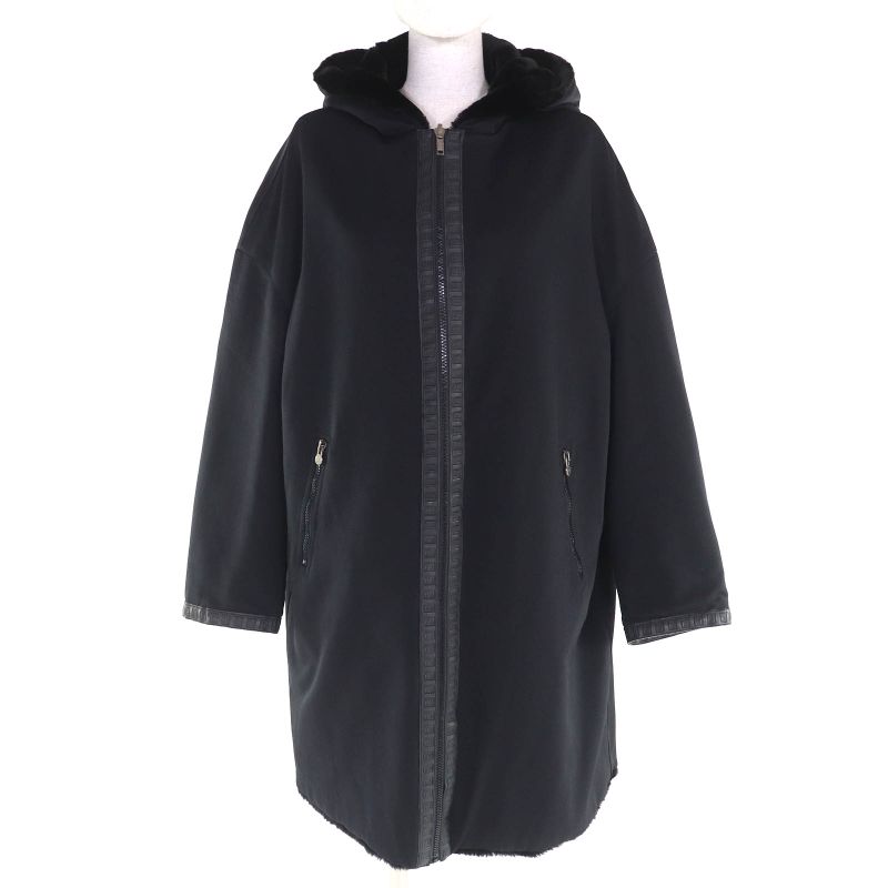 Fendi FF Logo Trim Boa Hooded Reversible Zip Up Long Coat Black 42 Made In