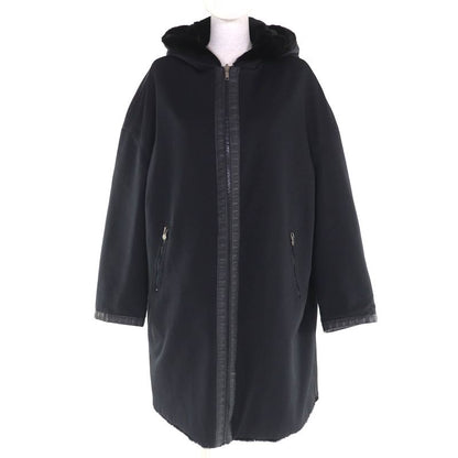 Fendi FF Logo Trim Boa Hooded Reversible Zip Up Long Coat Black 42 Made In