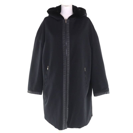 Fendi FF Logo Trim Boa Hooded Reversible Zip Up Long Coat Black 42 Made In