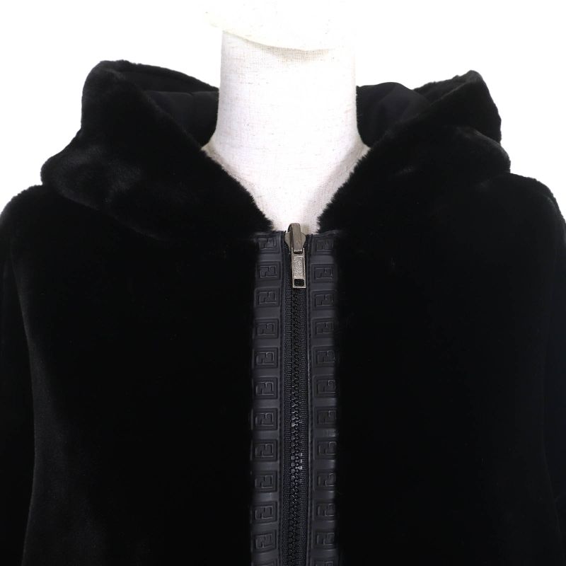 Fendi FF Logo Trim Boa Hooded Reversible Zip Up Long Coat Black 42 Made In